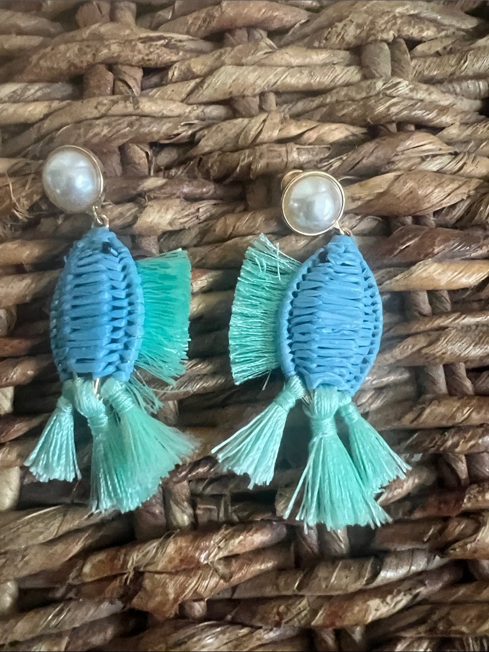 Blue & Mint Fish Tassel Drop Faux Pearl Earrings - Womens Jewelry